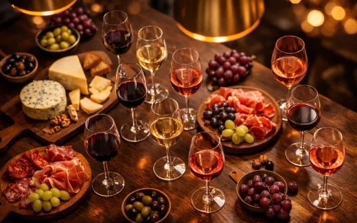 Elegant vinprovning med vin, ost och charkuterier