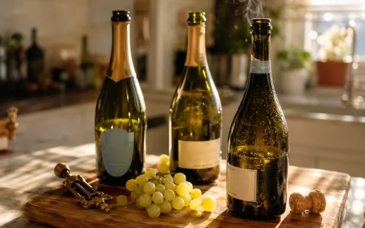 Tre flaskor prosecco på träskärbräda med druvor och korkskruv i köksmiljö