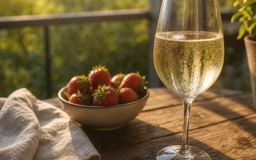 Ett glas Moscato d'Asti med jordgubbar på ett solbelyst bord