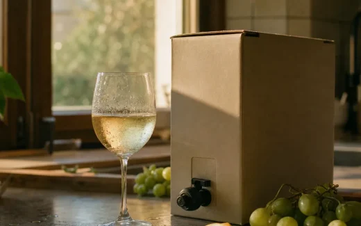 Boxvin med glas vitt vin på köksbänk i eftermiddagsljus