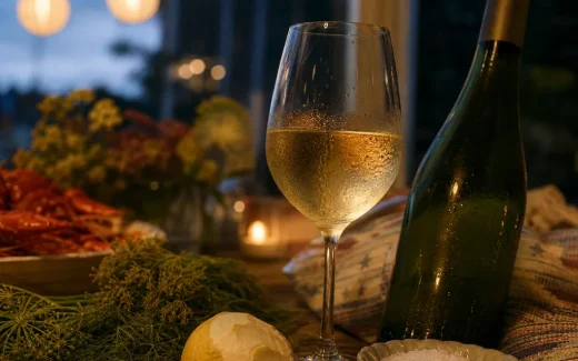 Kallt vitt vin i glas bredvid dill och citron på ett kräftbord