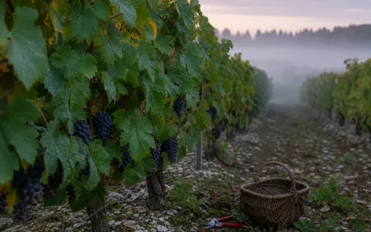 Vinrankor i Champagne tidigt på morgonen inför tidig skörd